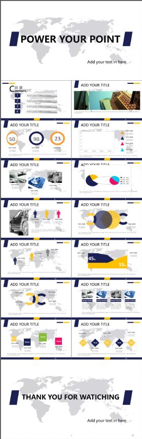 完整炫酷灰色世界地图背景黄蓝配色简约扁平化商务ppt模板