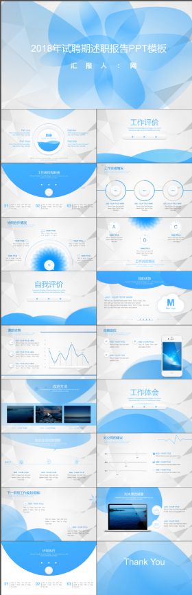 完整实用简约蓝色试聘期述职报告PPT模板