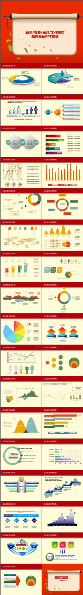 红色古典大气卷轴主题工作总结动态PPT模板