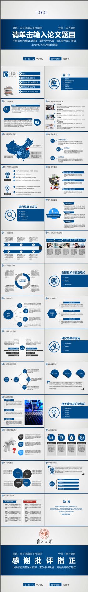 沉稳大气蓝灰学术风格简约实用论文答辩PPT模板