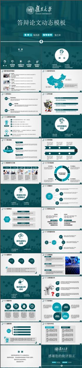 大气完整复旦大学墨绿背景毕业论文答辩PPT模板