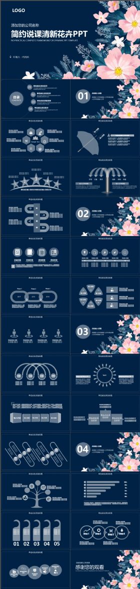完整大气简约说课清新花卉PPT模板