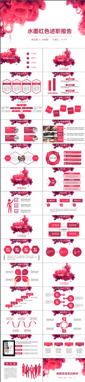炫酷大气水墨红色述职报告工作计划PPT模板