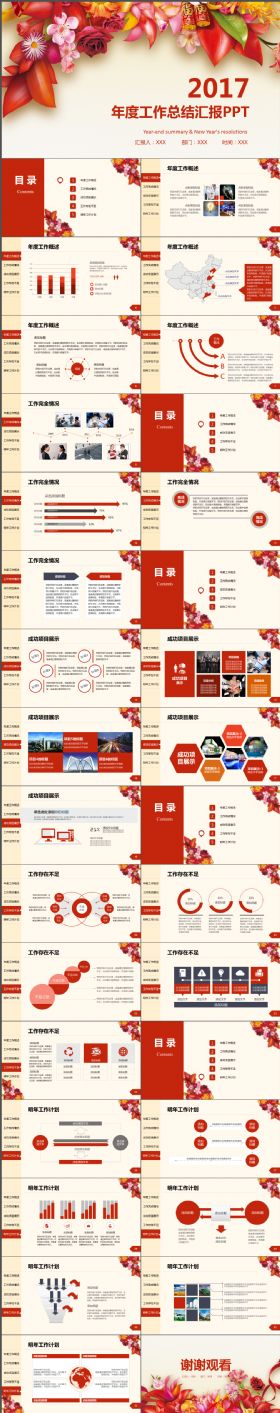 炫酷大气另类完整框架红色花卉年终计划总结PPT模板