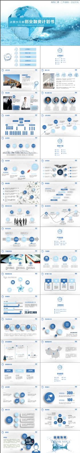 清晰大气冰爽水元素商业创业策划书计划书PPT模板