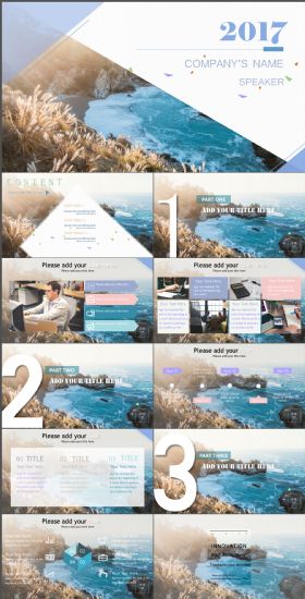 清爽舒适海陆风扁平风格总结PPT模板