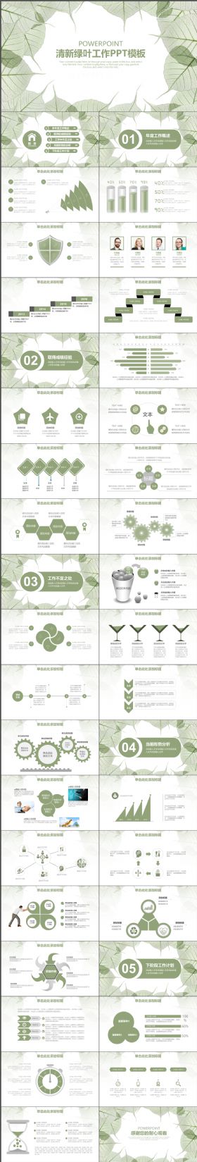 精致完整框架清新绿叶简约大气工作汇报PPT模板