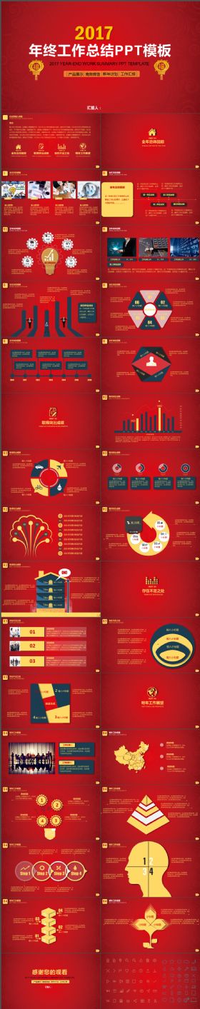 高端大气纯红色2017年终工作总结暨新年计划PPT模板