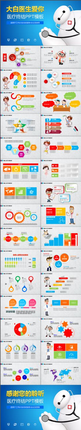 简约简洁适用医护医疗专业工作汇报，计划总结可爱大白PPT模板